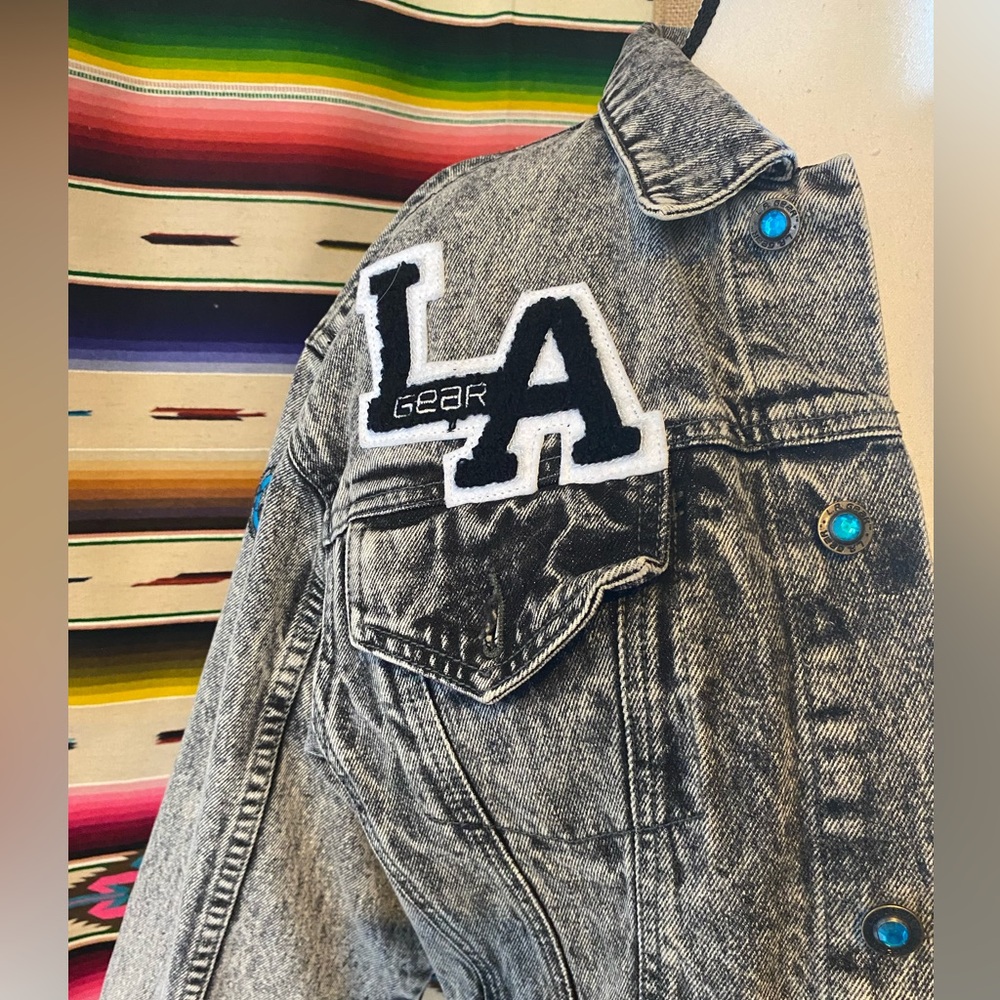 RARE 80s VINTAGE LA GEAR BLACK ACID WASH DENIM CROPPED JACKET - Picture 3 of 9